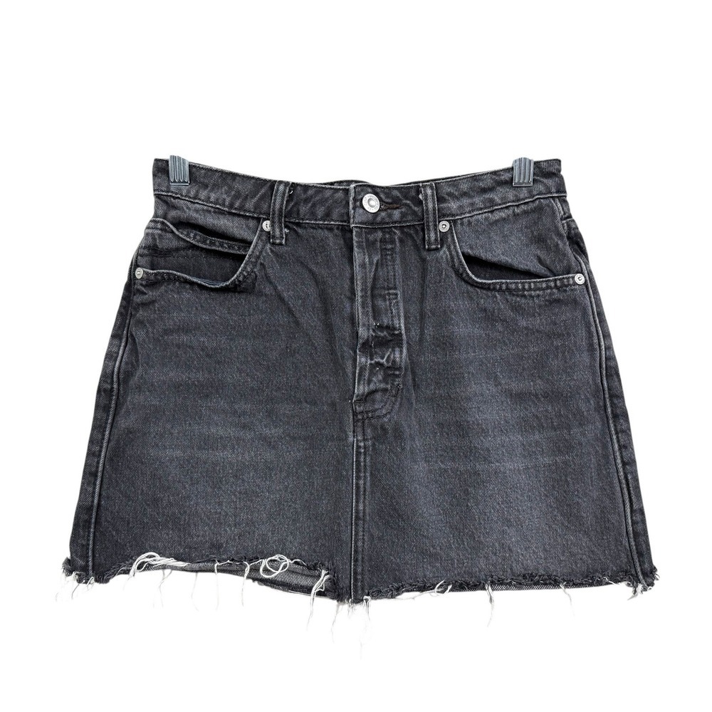 We The Free Women Denim Mini Skirt Raw Hem Adjustable Waist Button Fly Black 27*